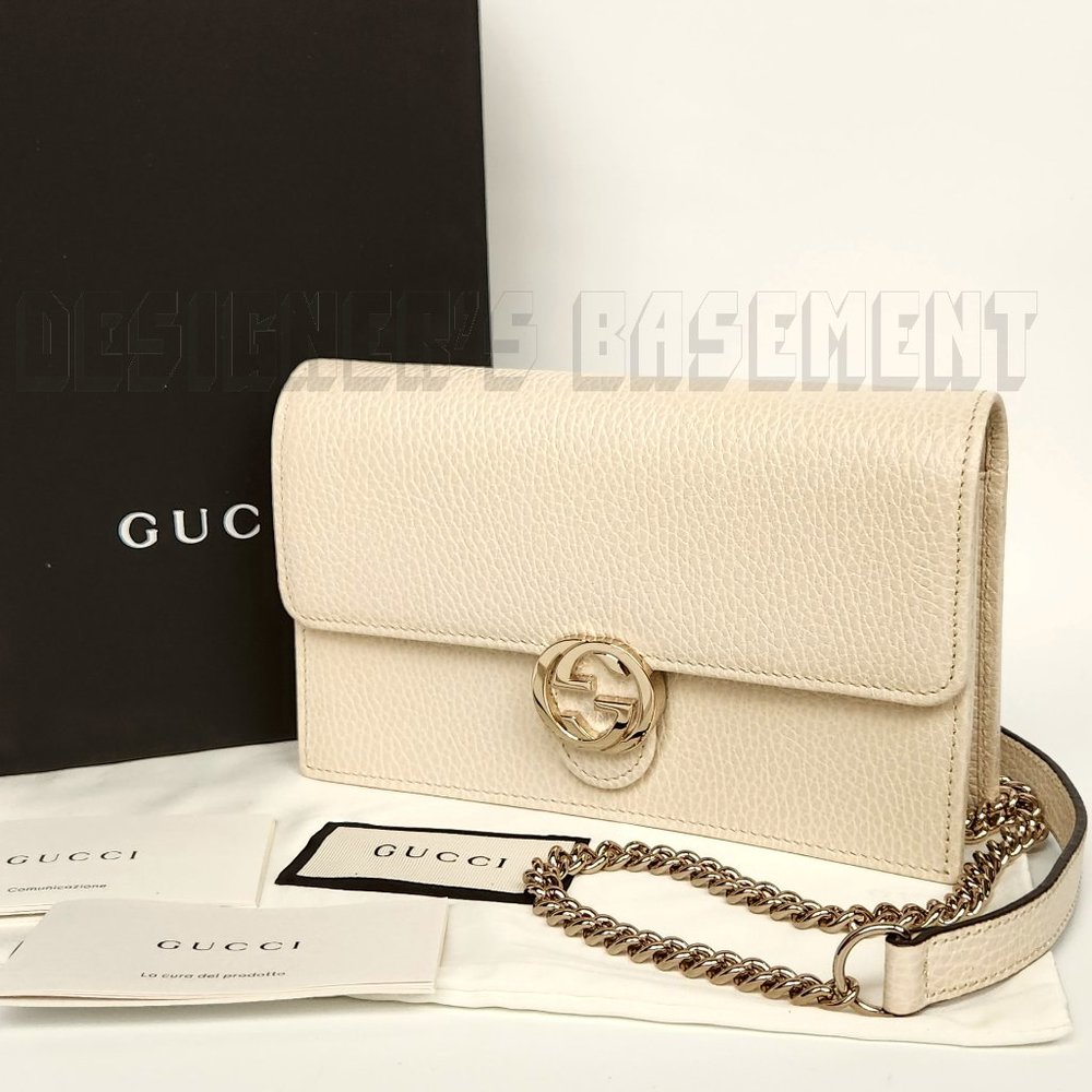 GUCCI Mini ICON ivory pebble leather INTERLOCKING G convertible Chain clutch Bag